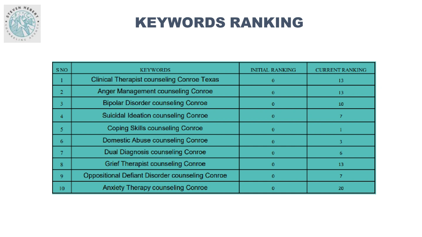 Counselling services in Conroe: Keyword ranking report, International portfolio / page 87