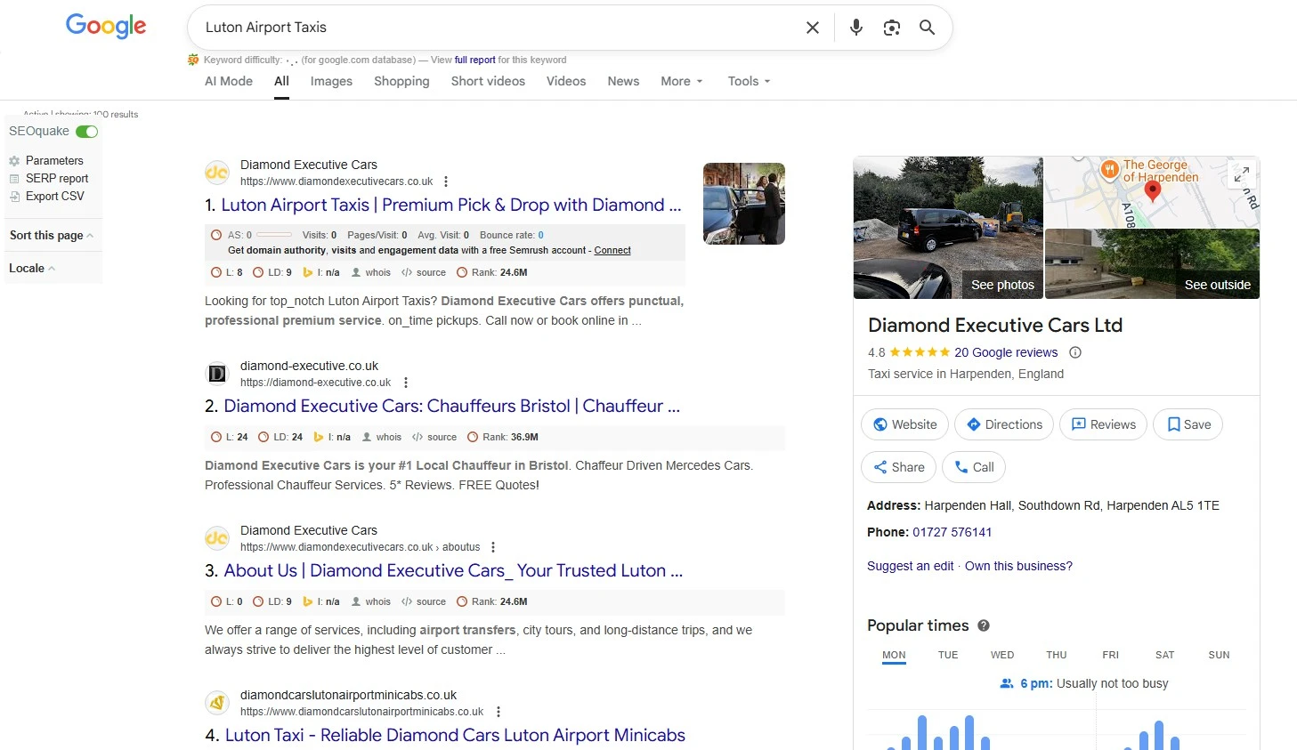 Diamond Executive Cars: Keyword search-result snapshot, UK portfolio / slide 87